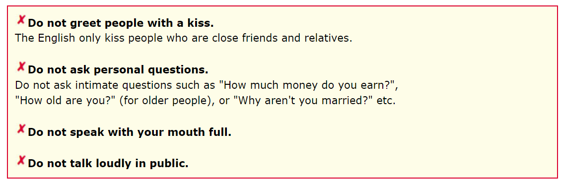 Dos and Dont's in England -- part 2